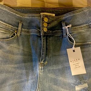 Risen Jeans. Wide waist band triple button - up style. Sl. distressed.